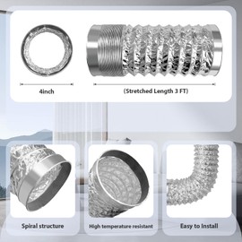 Vaytong Flexible Dryer Vent Hose, 4 Inch 3Ft Extra Thick 6-Layer Heavy Aluminum Dryer Exhaust Duct Hose for Tight Spaces, with 2 Clamps