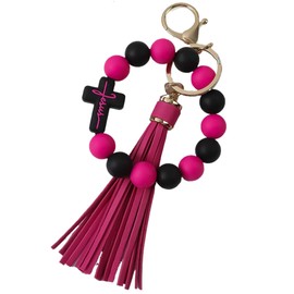 Jesemiah Beaded Keychain Wristlet Silicone Cross Elastic Wrist Key Ring Tassel Bangle Key Chains for Car Key Bracelet Women (Black Rose)