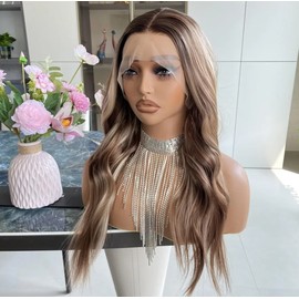 HD Lace Front Wig Human Hair Blend Highlights Honey BROWN Light Blonde