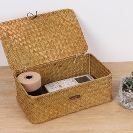 FEIALNDUO Wicker Shelf Baskets with Lid,Seagrass Storage Basket Bins Rectangular Handwoven Basket Boxes for Shelves Desktop Home Organizer (Natural, Small)