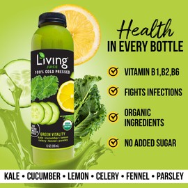 O2 Living Green Vitality Organic Juice Drink - 12oz, 6 Pack - Cold-Pressed Juice Drink, No Added Sugars or Water, Natural Sweetness from Fruits, Packed with Nutrients & Vitamins, Refreshing, Non-GMO