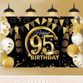 95th Happy Birthday Backdrop Banner, 95th Birthday Party Decoration Background, Black Gold Birthday Banners Supplies for Indoor Outdoor Photo Booth Props Children Men Women Celebration(70” x 43”)