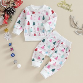 FIOMVA Baby Girl Boy Christmas Outfit Toddler Fall Winter Sweatshirt Pants Set Infant Christmas Tree Print Clothes (J White, 0-6 Months)