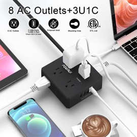 Surge Protector Power Strip - 6 Ft Flat Plug Extension Cord with 8 Widely Outlets and 4 USB Ports(1 USB C), 3 Side Outlet Extender for Home Office, Black, ETL Listed