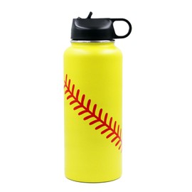 32 oz Softball Water Bottle, Wide Mouth Metal Sports Flask Travel Tumbler with 2 Lids, Stainless Steel Double Wall Vacuum Insulated Water Bottles, Softball Gifts for Boys Girls