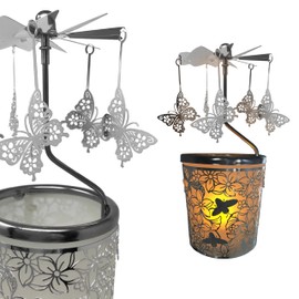 Butterfly Candle Holder - Silver Metal Rotating Spinning Butterflies with Flowers and Bees - Spinning Swedish Design - Measures 6.25" H