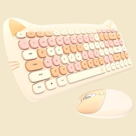 Cute Cat Keyboard and Mouse Combo, 2.4G Wireless Keyboard and Mouse Set, Compatible with Notebook, PC,Laptop,Tablet,Computer Windows(Multicolor Chocolate)