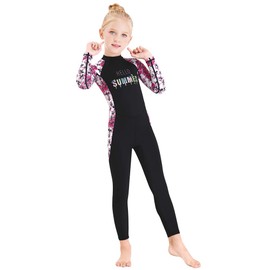 Full Body Kids Swimsuit One Piece Rash Guard Long Sleeve Wetsuit Skin for Girls Boys Children, Sunsuit Swimwear UPF 50+ UV Sun Protection Quick Dry for Beach Water Sports (Flower-Black, M)