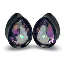 Mystic Metals Pair of Black Steel Teardrop Plugs with Aurora Borealis Gem (PS-289) gauges - 1" (25mm)