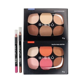 Paleta de Contorneadores + Paleta de Rostro Bissu con Rubor, Iluminador y contorno + 2 Lapiz Delineado de Labios IVY Mate | Set de Maquillaje Viral (La de Cajon)