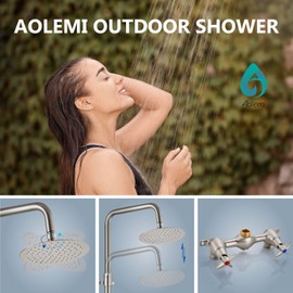 Aolemi Outdoor Shower Kit Wall Mount Brushed Nickel Rainfall 8 Inch SUS304 Shower Head With 2 Cross Handles with Adjustable Pipe Exposed Shower Outdoor Shower Faucet