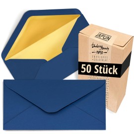 Japun Envelopes (50 pieces), envelope, envelope without window, DIN long, 220 x 110 mm, inside: gold, paper colour: blue