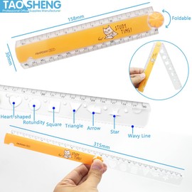 TAOSHENG 30-CM Foldable Plastic Ruler, Cute Folding Geometric Stationary Straight Study Ruler for Students Kids Children Teens School Office Home Use, Orange 1 Pack