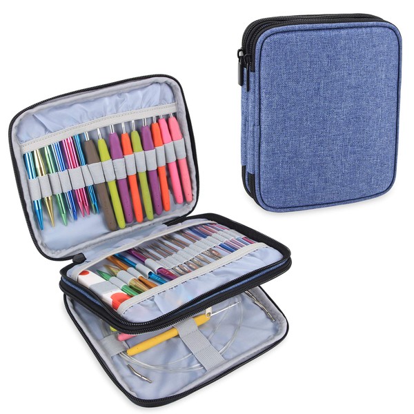 Teamoy Crochet Hook Bag Sewing Kit Bag for Interchangeable Circular Knitting Needles, Ergonomic Crochet Hooks, Aluminium Crochet Hooks, Knitting Accessories and Much More, Blue