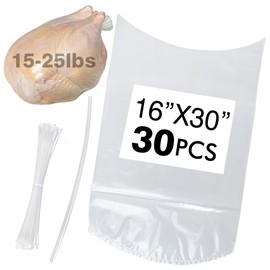 Poultry Shrink Bags, Chicken Bags, 30 Pack (16x30 inches) Clear Poultry Shrink Wrap Freezer with 30 Zippers, Silicone Straws for Chickens, Rabbits