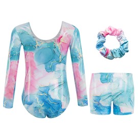 JiAmy Gymnastics Leotards for Girls with Shorts Set, Long Sleeve Kids Gymnastics Athletic Outfit for Kids 3-12 Years