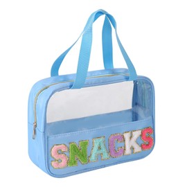 Chenille Letter Patch Clear Bag,Preppy Multi-purpose PVC&Nylon Clear Makeup Bag with Handles,Large Travel Makeup Toiletry Storage Zipper Pouch, Tote Bag for Women (Blue-SNACKS)