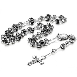 Women's Stainless Steel Christian Catholic Religious Rosary Cross Crucifix Pendant, Long Link, Ball Beads, Chain Necklace, Silver, Stainless Steel