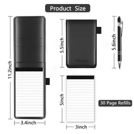 8 Pcs Mini Pocket Notepad A7 Holder Set, Small Notepad Pen Holder with 30 Lined Sheets, Leather Mini Pocket Notebook with 6 Notepad Memo Book Refills with 30 Lined Paper Per Note Pad and 1Pc Metal Pen
