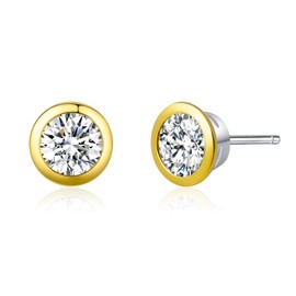 Marguerite Bezel-Set Solitaire Stud Earrings - Gold Plated Round-Cut Zirconia Earrings for Women - Elegant Hypoallergenic Jewelry for Everyday Wear & Special Occasions, Cubic Zirconia, Cubic Zirconia
