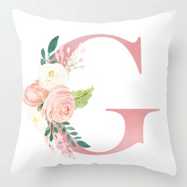 Alphabet Decorative Pillow Covers 22x22 Inch Pink Letter G Pillow Covers Floral Initial Throw Pillow Covers Soft White Velvet Square Cushion Covers Pillow Cases Home Couch Sofa Cushion Cases (G)