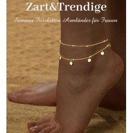 ZHESHY Pack of 2 Anklets Gold Silver 925 for Women 18K Gold Beads Multi-Row Anklet for Women with Cross Heart CZ Plate Adjustable Waterproof, Bronze, Cubic Zirconia