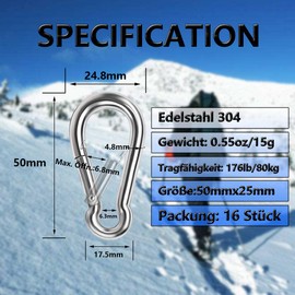 Ekunbuy Pack of 8 Carabiner Hooks Made of 304 Stainless Steel Spring Loaded Carabiner Spring Clips Fire Brigade Carabiner Buckle Rope Connector for Camping Hiking Lifting Straps (50 mm (M5)