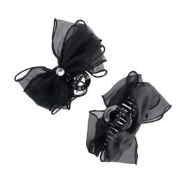 Pokinge 2Pcs Chiffon Hairclips Bowknot Barrettes Double Sided Black Mesh Large Bow Hair Claw Elegant Bowknot Rhinestone Ponytail Hairpin For Women