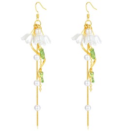 Long Flower Leaf Fairy Dangle Earrings for Women Lily of the Valley Earring Floral Tangled Dangling Earrings Shell Pearl Link Chain Drop Earrings Renaissance Jewelry for Sensitive Ears, Long, Metal,