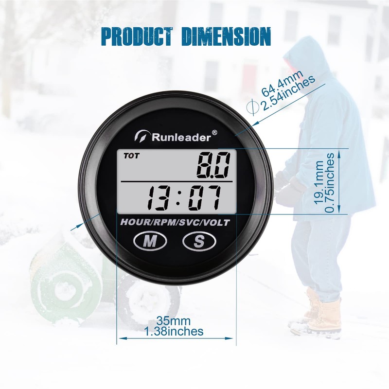 Runleader Digital Tach/Hour Meter,DC8V to 65V Volt Meter Gauge,Maintenance Track,Backlights