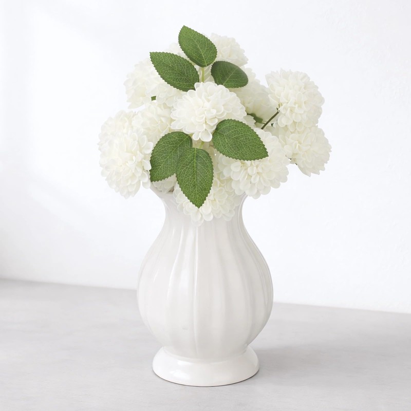 White Wavy Edge Ceramic Vase, Modern Ribbed Flower Vase for
