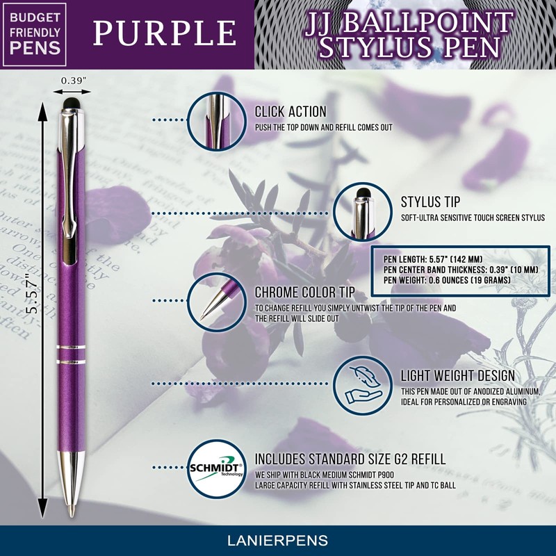 Purple JJ Ballpoint Pen with Stylus - Black Ink Refill,