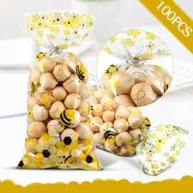 Outus 100 Pieces Bee Party Favors Bags Cellophane Treat Honey Bee Plastic Candy Goodie Gift Bags with 100 Silver Twist Ties for Kid Birthday Baby Shower Party Supplies