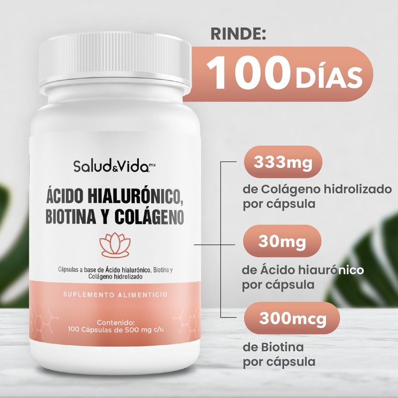 SaludVida Biotina, Ácido Hialurónico y Colágeno - 100 Cápsulas