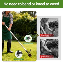 Hoffen Adjustable Stand Up Weeder (33-55 Inch), Lightweight Aluminum Weed Puller Tool, Telescoping Rotating Handle, 4-Claw Rust-Free, Corrosion-Resistant Gardening Tool for All Ages, Easy to Store