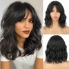Aisaide Short Curly Wavy Bob Wig with Curtain Bangs Black