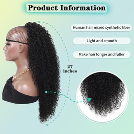 Fecihor 27 inch Drawstring Ponytail Kinky Curly Ponytail for Women Afro Curly Long Extension Protective Style Black Deep Wave Ponytail Human Hair