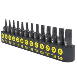 Torx Bit Screwdriver Set T4-T40 Socket Spanner 1/4 Inch T-Profile with Hole 13 Pieces Phosphated Bit Set Hexagonal S2 Steel Tamper Proof