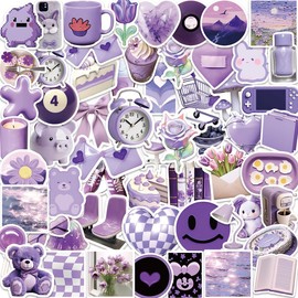 Yoksas 56Pcs Kawaii Purple Stickers - Vinyl Waterproof Aesthetics Cute Girls Decal for Water Bottles,Scrapbook,Laptops,Tumbler,Phone,Luggage