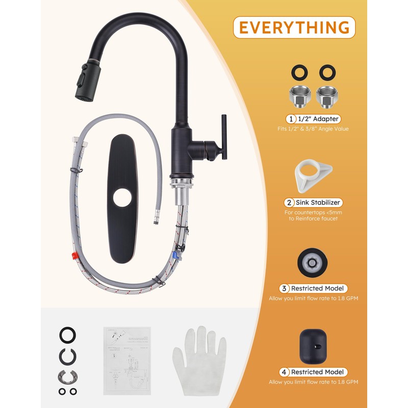 WOWOW Kitchen Faucets with Pull Down Sprayer, Oiled Rubbed Bronze