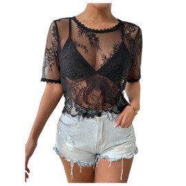 SOLY HUX Women's Sheer Mesh Crop Top Lace Short Sleeve Crew Neck See Through Tshirts Summer Outfits Black Sheer Medium