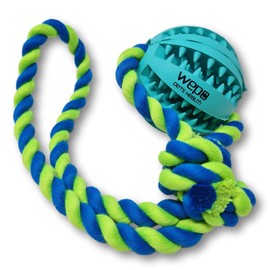 WEPO Hundespielzeug Ball mit Seil Türkis Ø7cm - Zahnpflege Ball Hund - Beschäftigung Hund - Ziehspielzeug Hund für draußen & drinnen - Mit Leckerlifunktion - Strick Blau/Grün