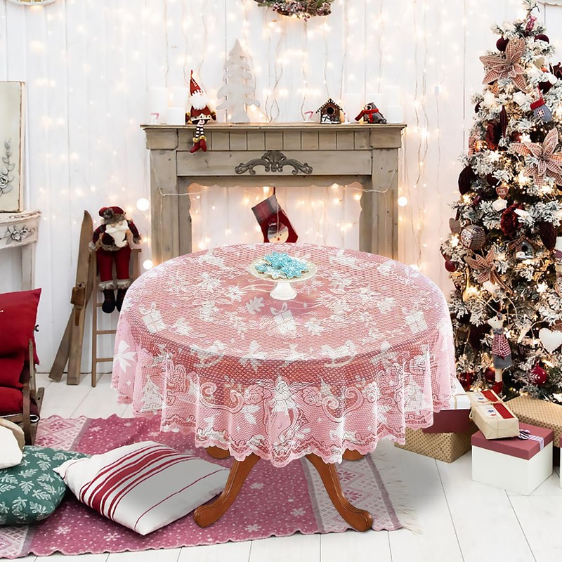Round Tablecloth, Christmas Lace Angel Snowflake White Table Cover -