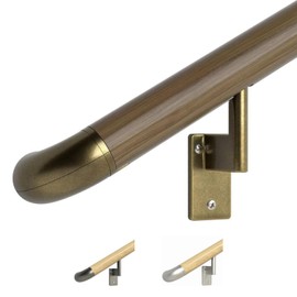 Promenaid 2ft ADA Handrail Kit - Walnut - Complete Indoor Handrail for Stairs - 1.6" Round Genuine Wood Wrapped Aluminum Core Railing with 2 Brass Painted Pivoting Brackets & ADA Wall Returns