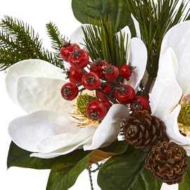 Nearly Natural 4548 Magnolia, Pine, and Berry Holiday Arrangement in Glass Vase