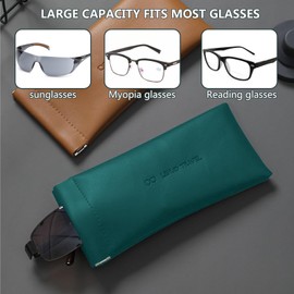 Soft Glasses Case, 3 Pack Portable Squeeze Top Leather Glasses Case with Cleaning Cloth, Sunglasses Case Water Proof Glasses Pouch Storage Bags Suitable for Women Men (Black, Dark Green, Brown)