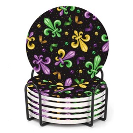 ubcindy Mardi Gras Coasters for Drinks Set of 6,Round Absorbent Ceramic Stone Coaster with Metal Holder Stand, Fleur De Lis Carnival Coasters with Cork Base for Home Decor Coffee,Kitchen,Party,Gifts