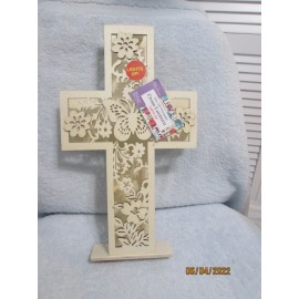 gracious maker Wood Standing Cross With Flowers & Butterfly Lights Up 15" Paintable New