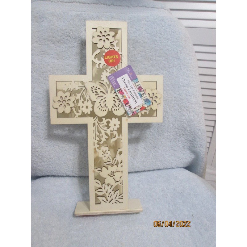 gracious maker Wood Standing Cross With Flowers & Butterfly Lights