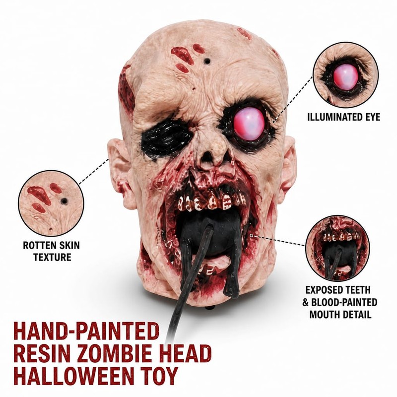 Realistic Zombie Head Sculpture - Halloween Horror Decor with Glowing
